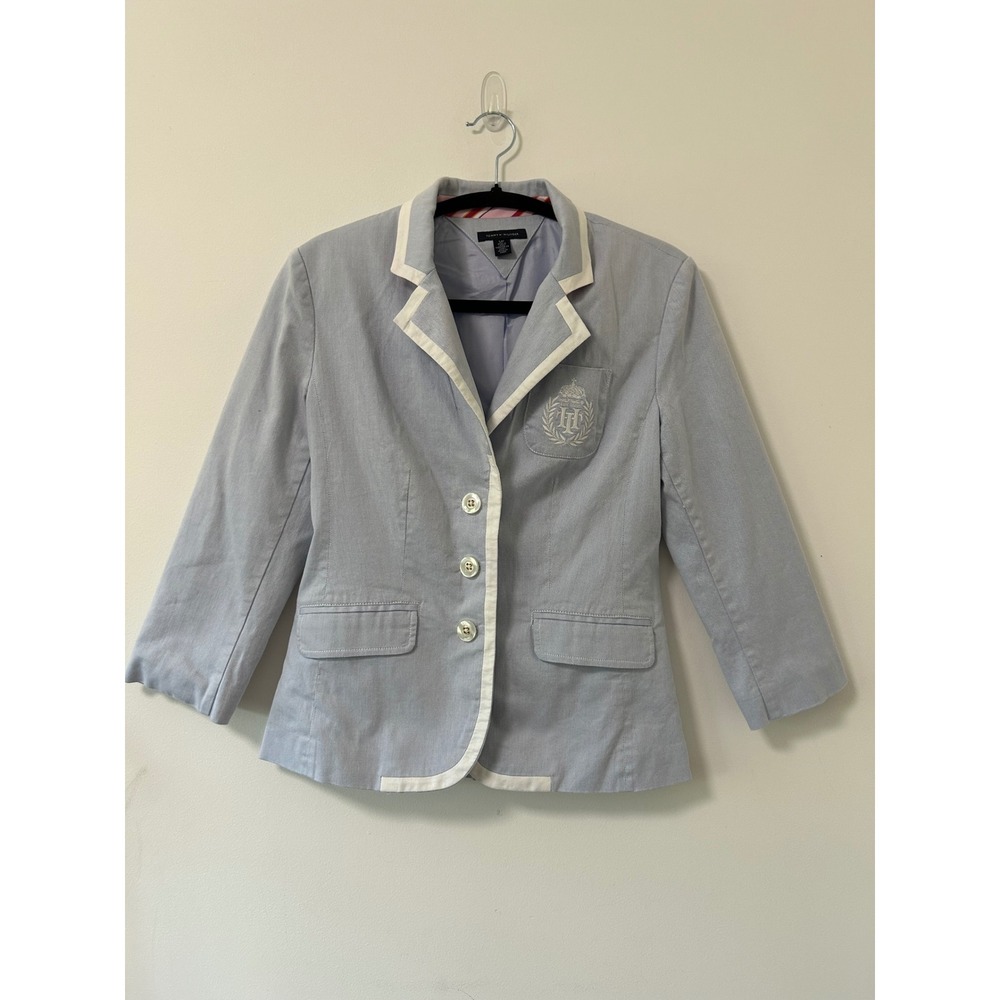 Tommy‎ Hilfiger Blazer Womens Small Light Blue Excellent Preppy Crest Trim